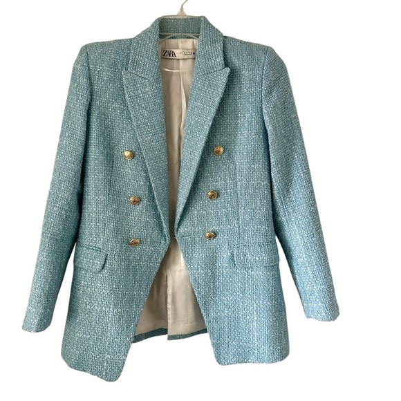 ZARA Powder Blue Tweed Blazer Button Textured Size S - Picture 4 of 9